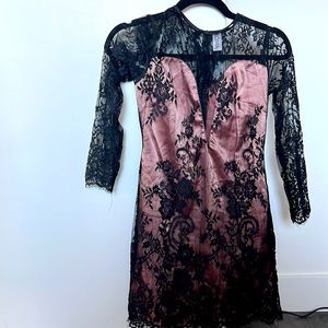 Black lace pink silk dress